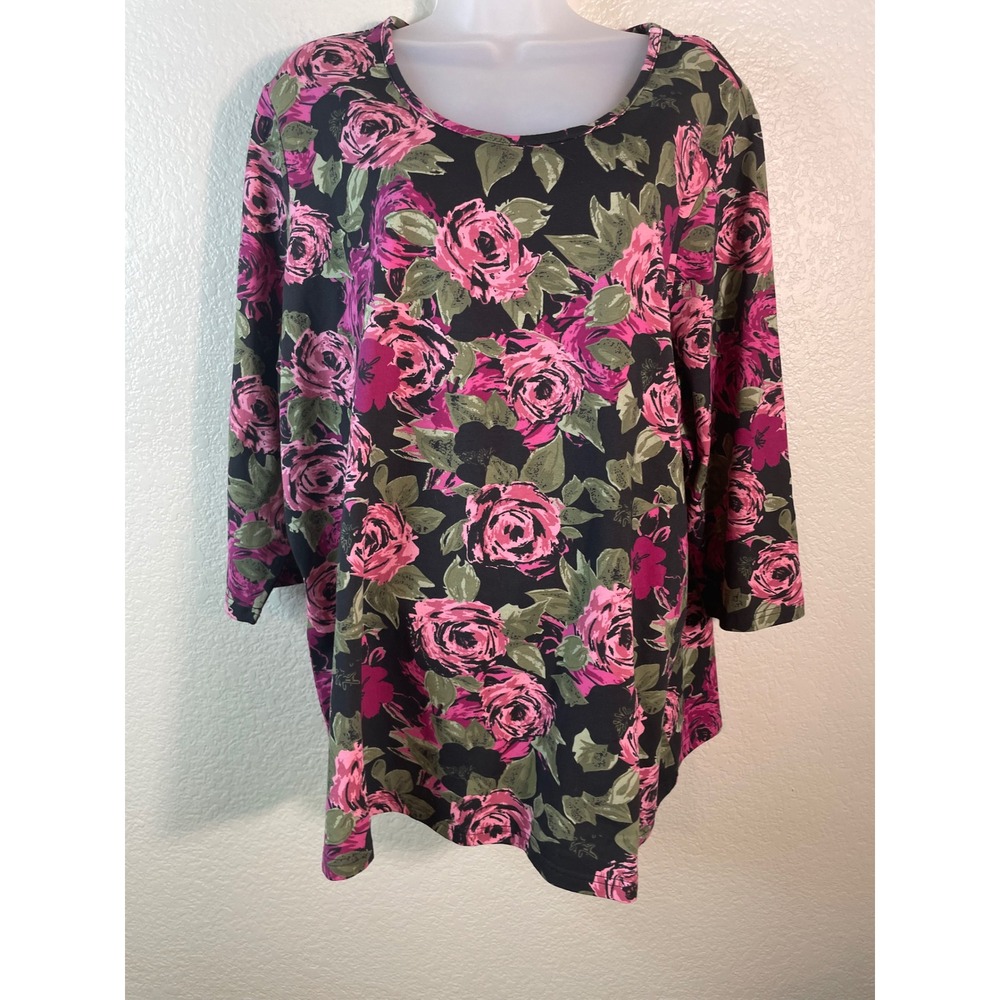 Denim & Co Womens 2X Top Pink Dark Floral Rose 3/4 Sleeve Cotton Scoop Neck